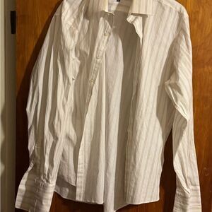 Sean Jean White & Brown Shirt Button Up Pin Stripe Dress French Cuffs